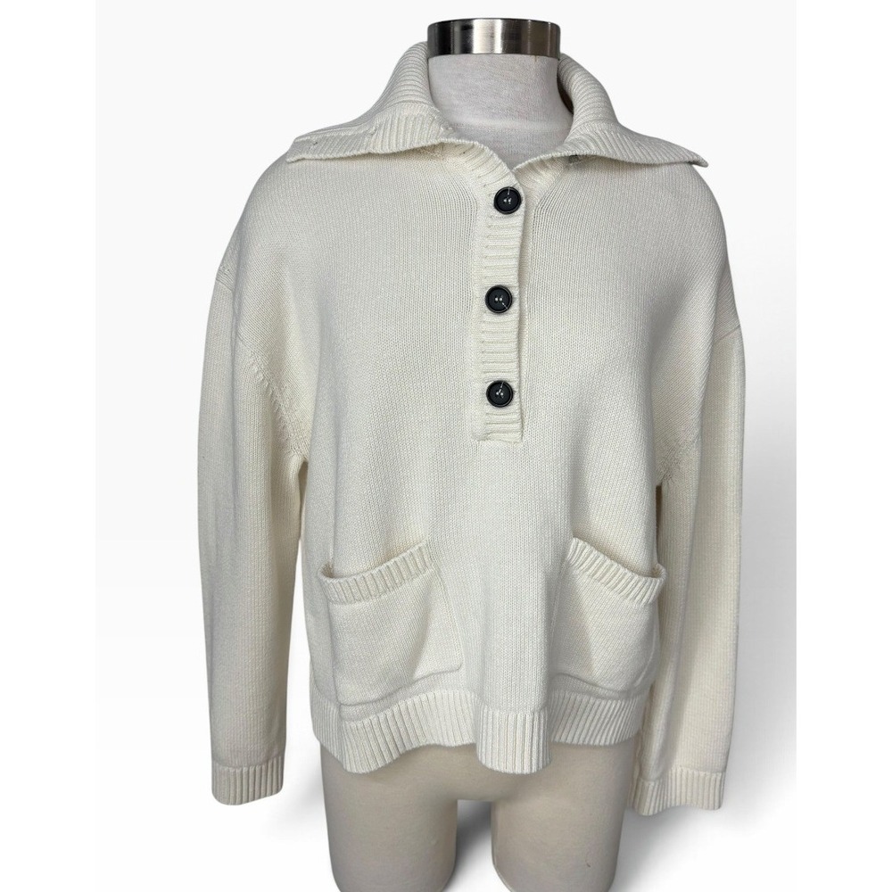 ARKET High Neck Jumper Cream Knit Button Collar Pocket Pullover Sweater